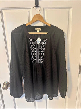 Cloth & Portrait SW Clip Dot W Emb Top Black Embroidered Blouse Large